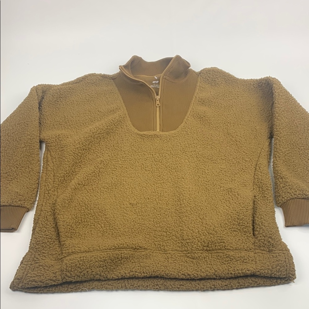 Aerie Sherpa Cozy Brown quarter Zip Pullover sweatshirt SZ Small Oversized NWOT